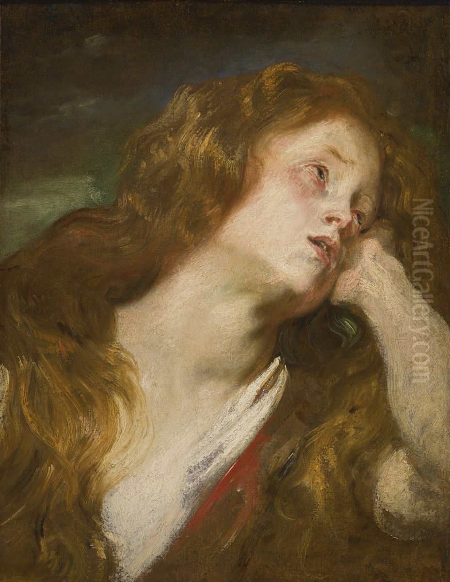 Young woman resting her head on her hand Oil Painting by Sir Anthony Van Dyck