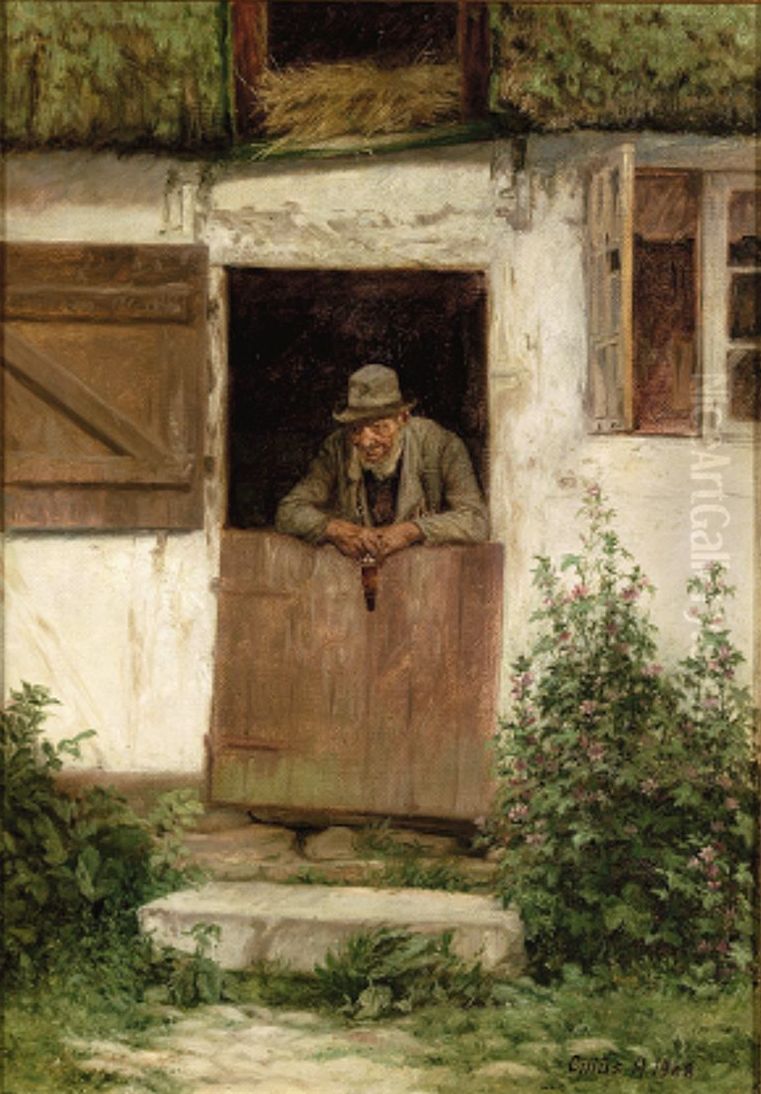 Man in a stable door, smoking a pipe. Oil Painting by Cilius Andersen