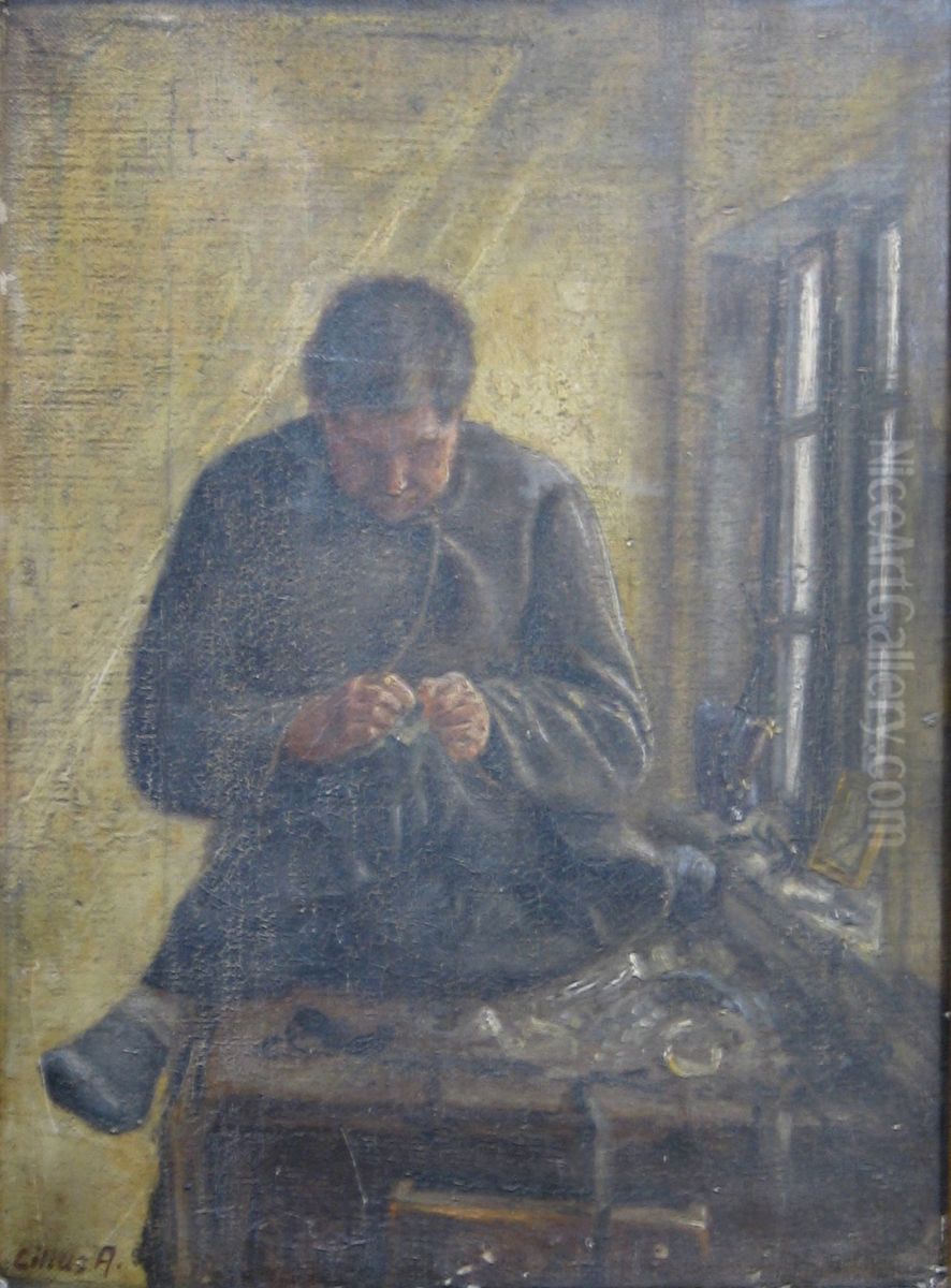 Interior with a woman sewing. Oil Painting by Cilius Andersen