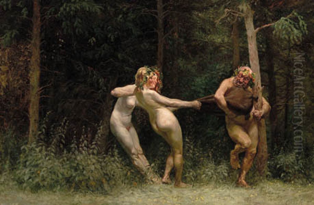 Two nymphs of the woods teasing a satyr. Oil Painting by Cilius Andersen