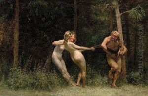 Two nymphs of the woods teasing a satyr.