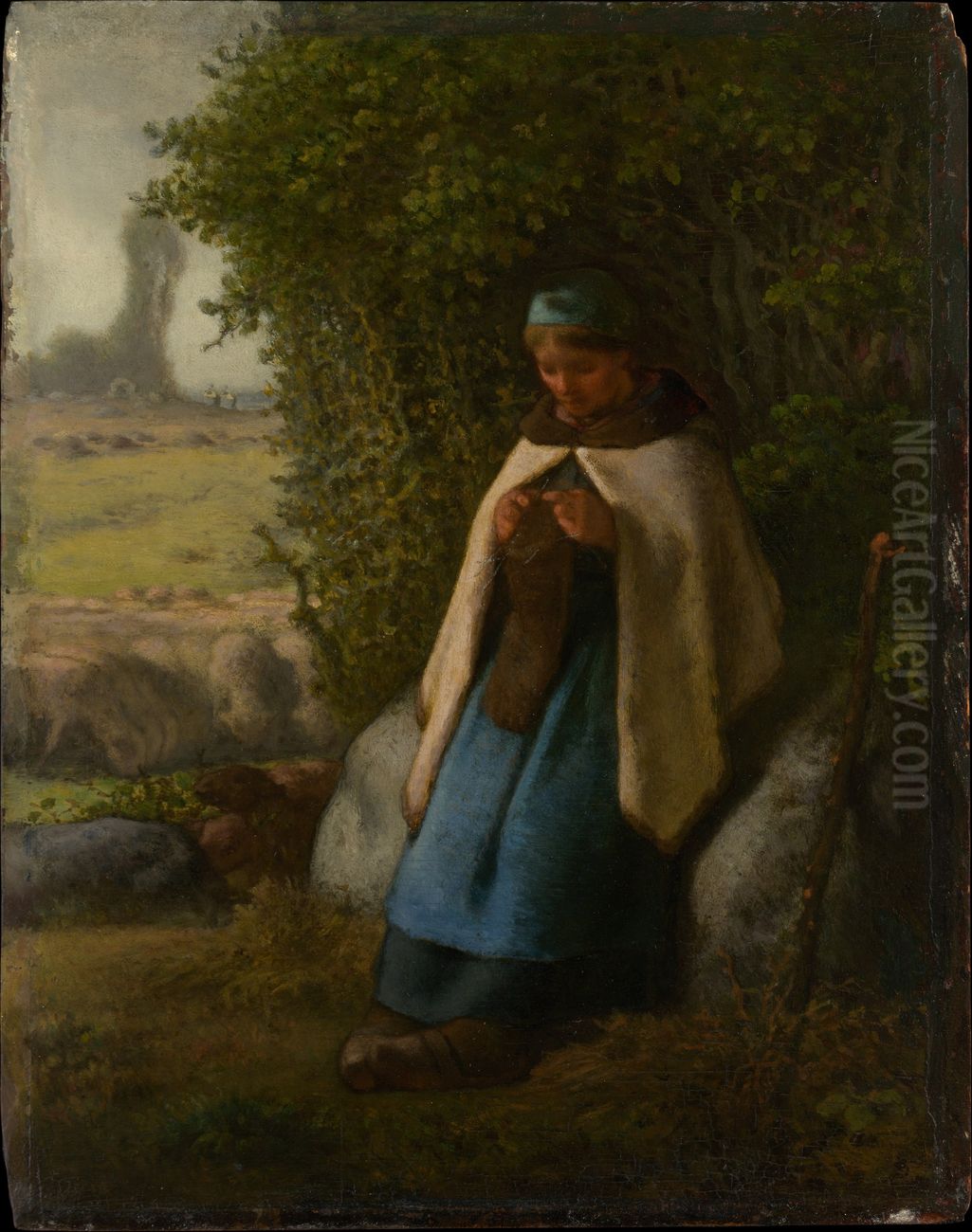 Shepherdess Seated on a Rock Oil Painting by Jean-Francois Millet