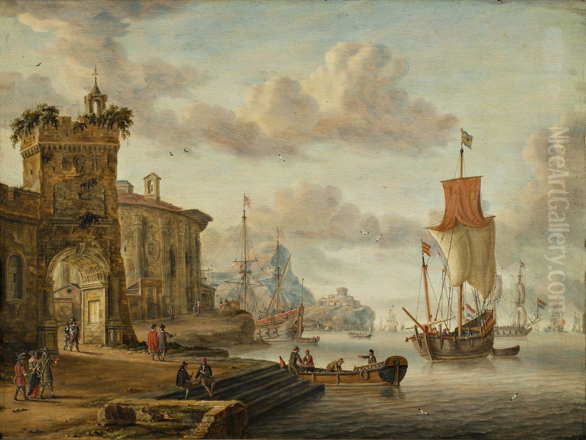 Havnescene med antikke ruiner Oil Painting by Abraham Storck
