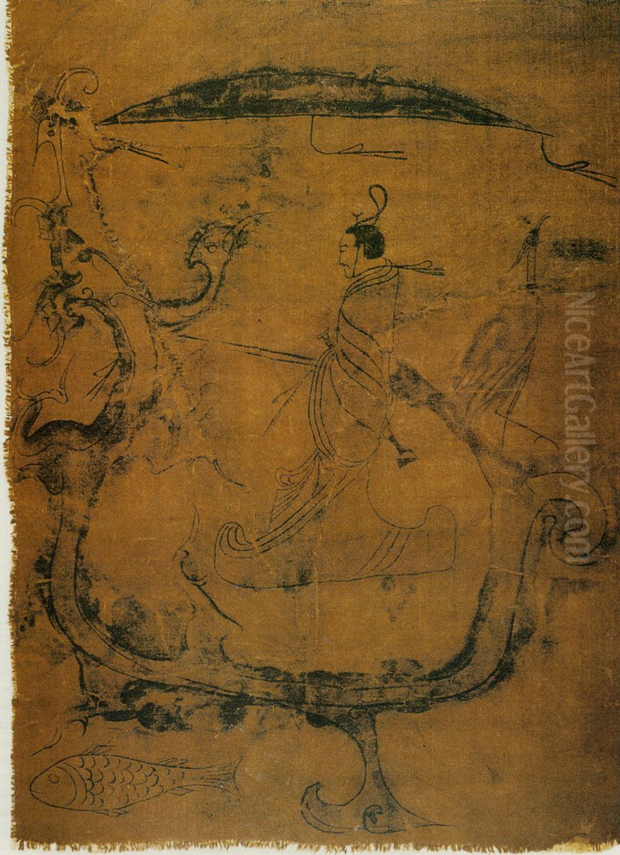 silk painting depicting a man riding a dragon Oil Painting by unknown