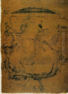 silk painting depicting a man riding a dragon