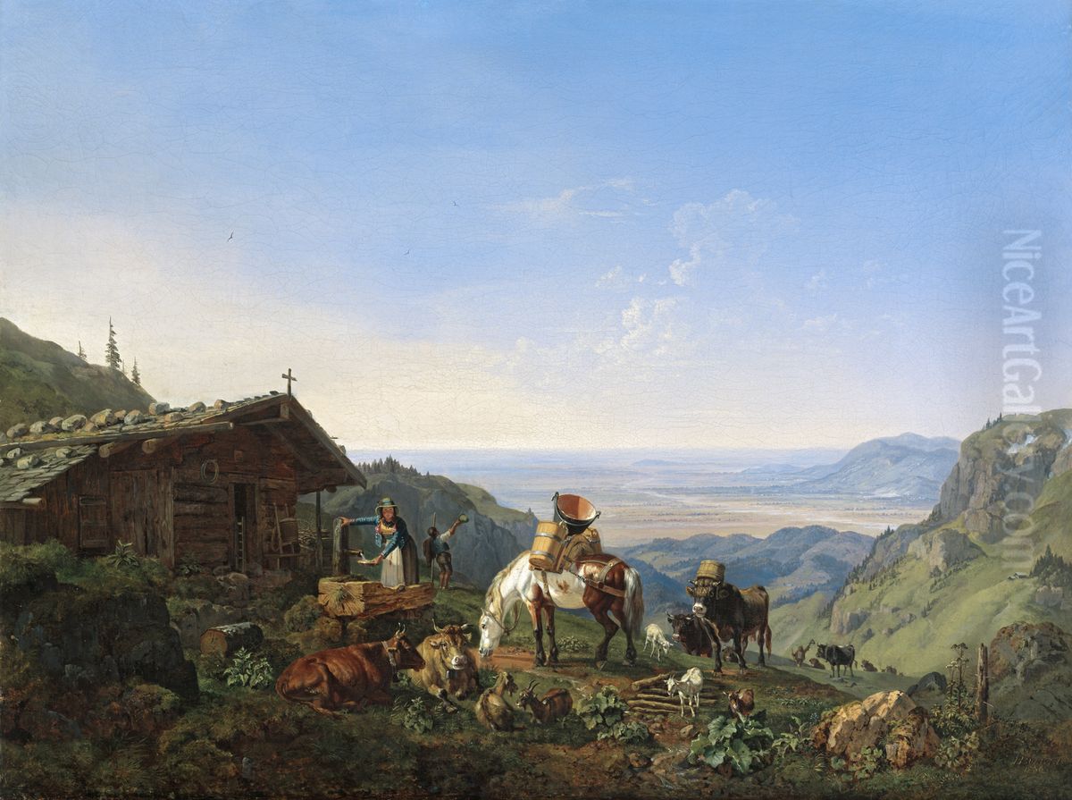 Auftrieb zur Alm an der Benediktenwand Oil Painting by Heinrich Burkel