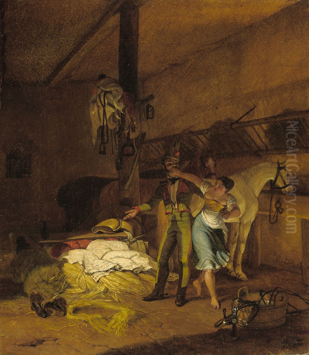 Ein Chevauxleger schakert mit einer Magd Oil Painting by Carl Wilhelm von Heideck