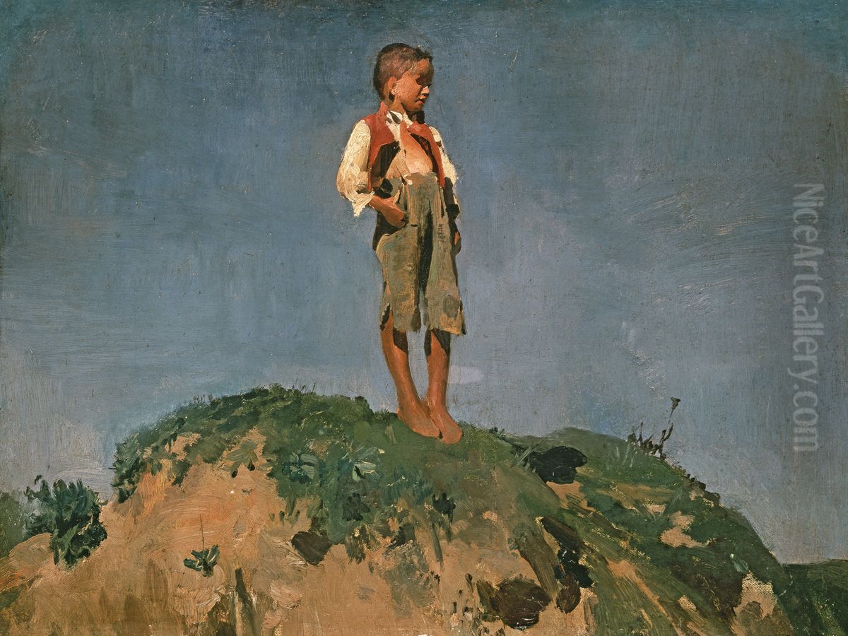 Shepherd boy on a grass hill Oil Painting by Lenbach Franz Von