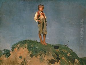 Shepherd boy on a grass hill