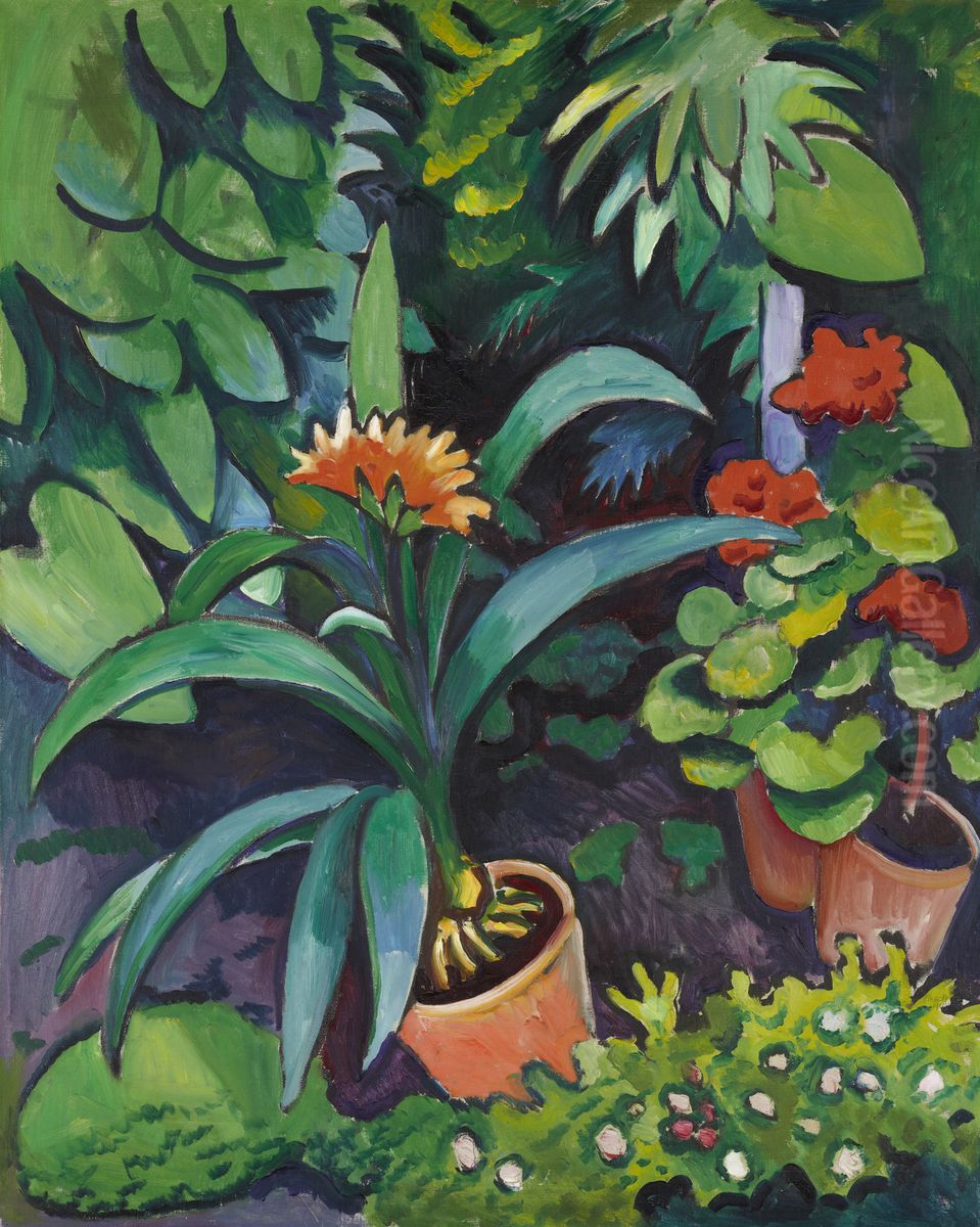 Blumen im Garten, Clivia und Pelargonien Oil Painting by August Macke