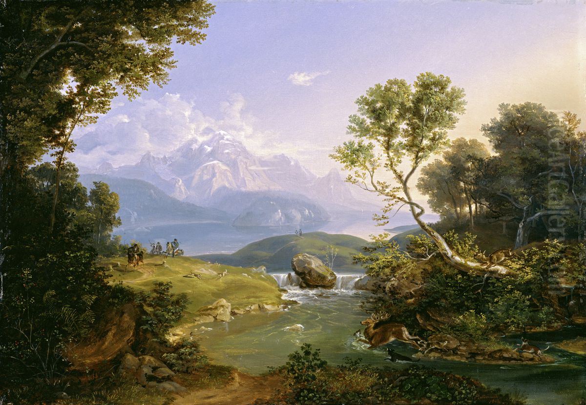 Hirschjagd am Hintersee bei Berchtesgaden Oil Painting by Carl Rottmann