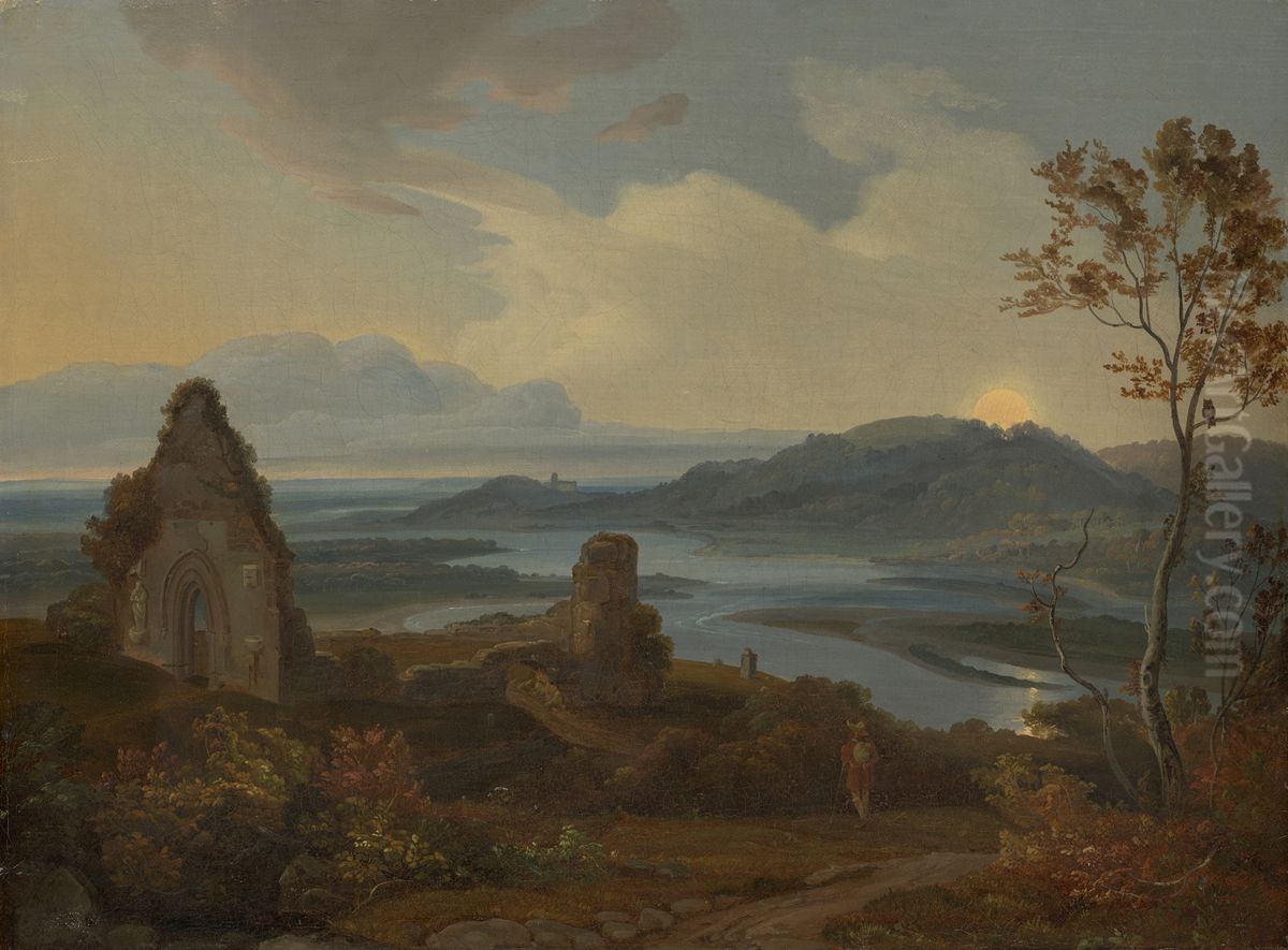 Flusslandschaft mit Kirchenruine Oil Painting by Carl Rottmann
