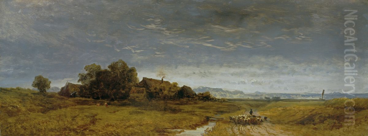 Oberbayerische Ebene mit heimziehender Schafherde Oil Painting by Eduard Schleich the Elder