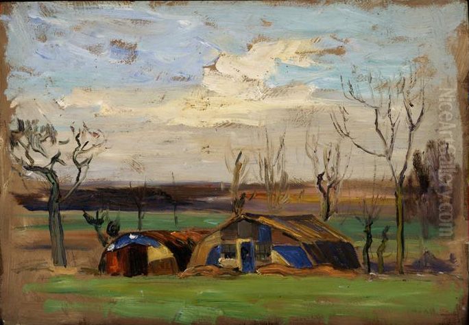 Camouflaged Nissen Huts Near Arras Oil Painting by Maurice Galbraith Cullen