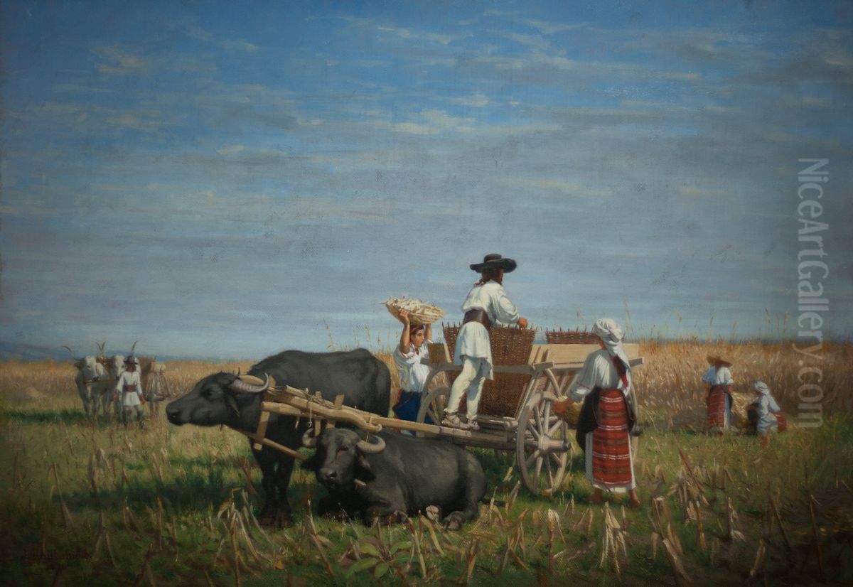 Recolte de mais en Transylvanie Oil Painting by Jules Jacques Jacot-Guillarmod