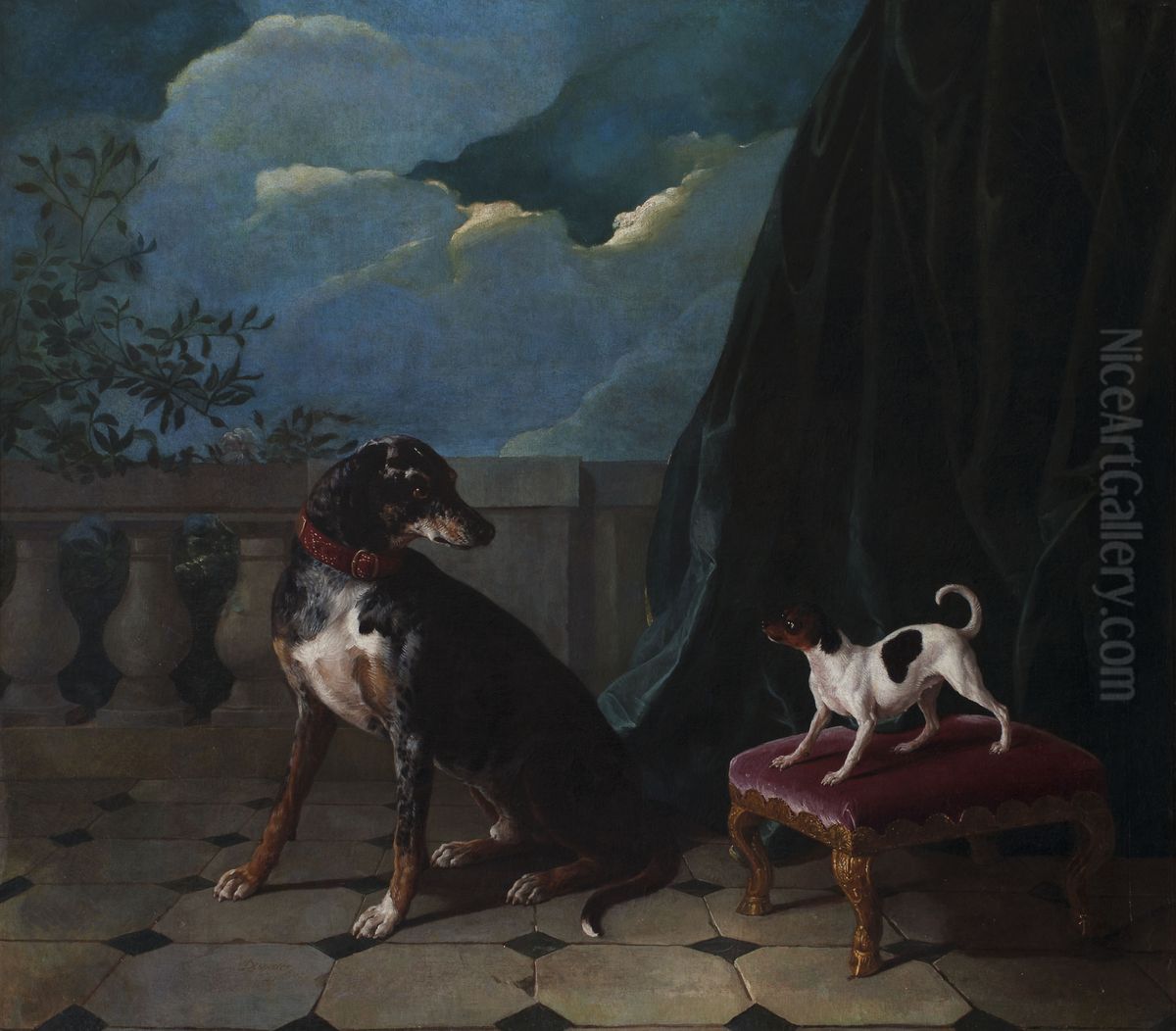 Deux chiens sur une terrasse Oil Painting by Alexandre-Francois Desportes