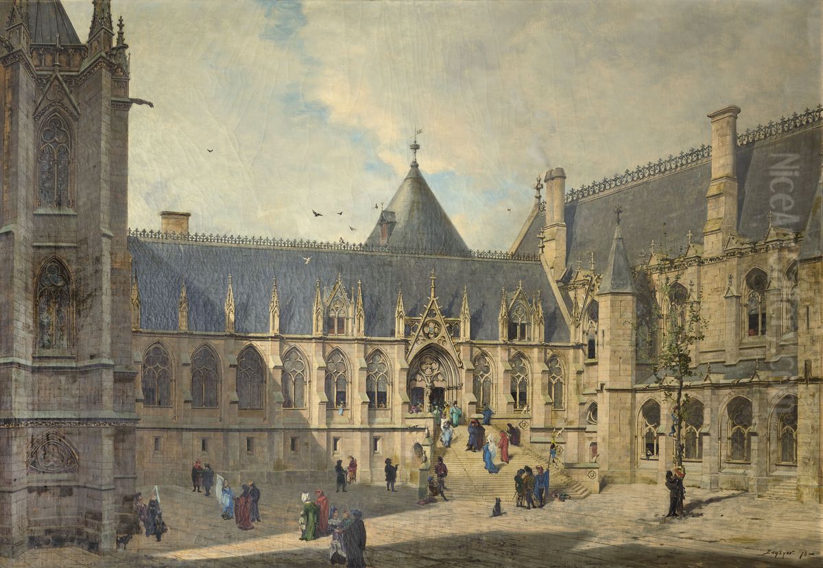 La cour du Mai du Palais de la Cite au Moyen-Age Oil Painting by Emmanuel Lansyer
