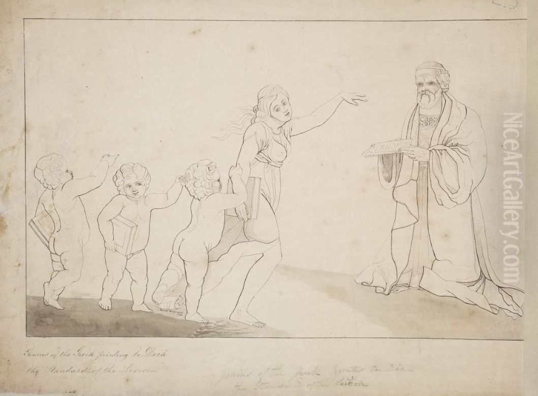 Genius of the Greek pointing to Dick the standard of the Lexicon Oil Painting by Ellis Owen Ellis