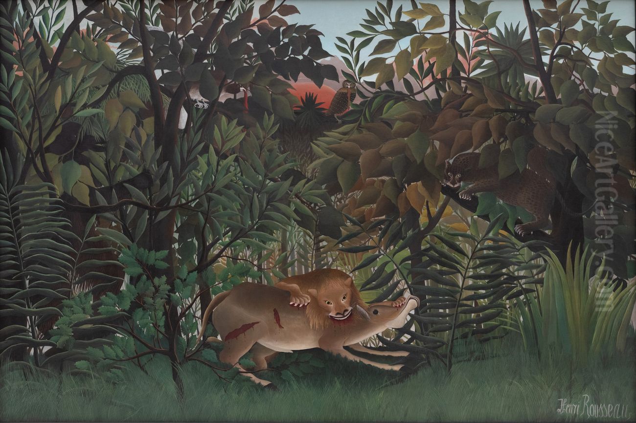 The Hungry Lion Attacking an Antelope Oil Painting by Henri Julien Rousseau