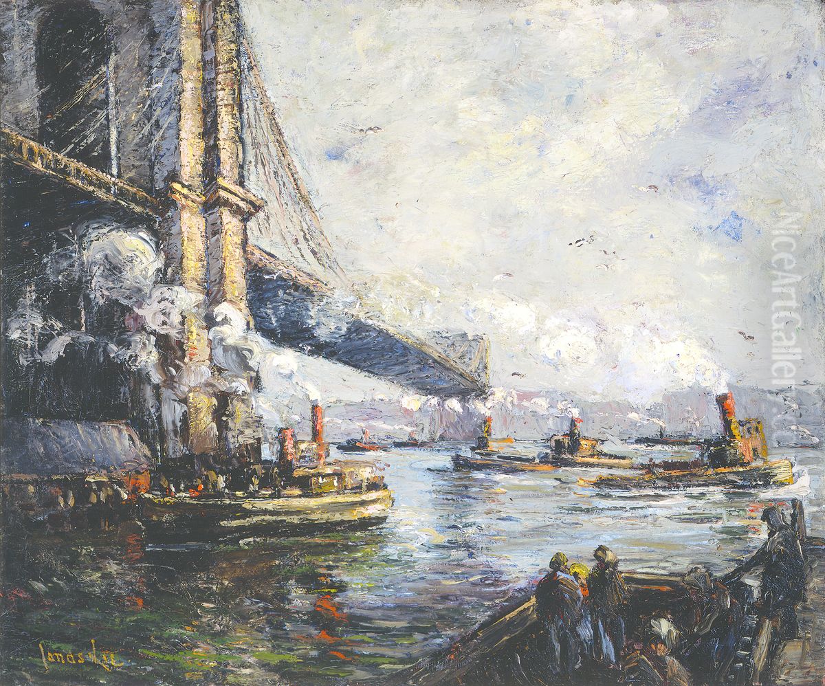 Bridge and Tugs Oil Painting by Jonas Lie