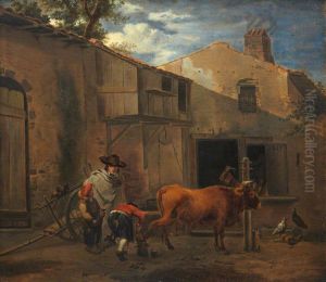 Smith shoeing an Ox