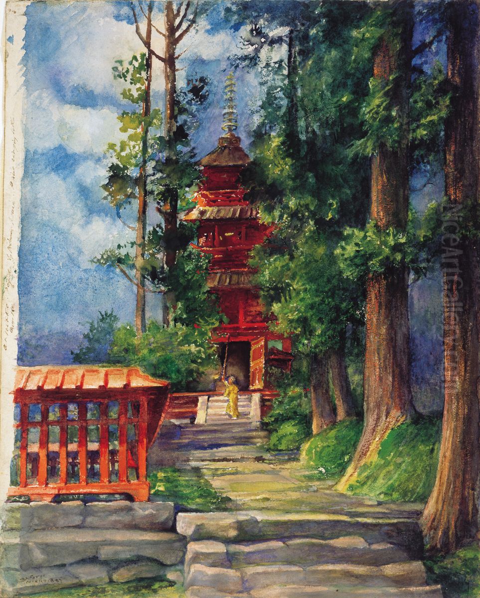 Red Pagoda, Nikko Oil Painting by John La Farge