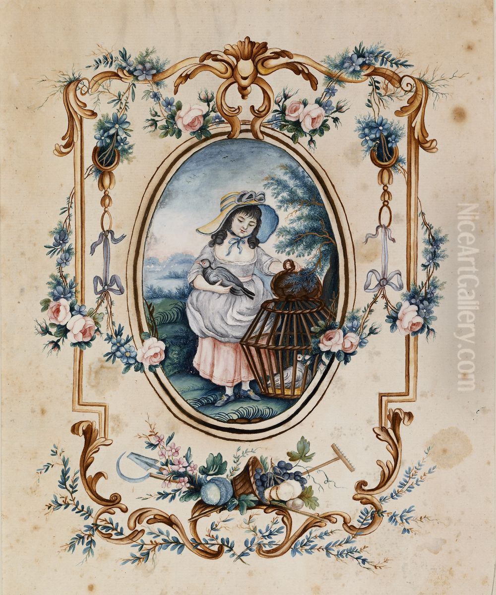 Girl with Birds in Wicker Cage Oil Painting by Jean-Baptiste Huet