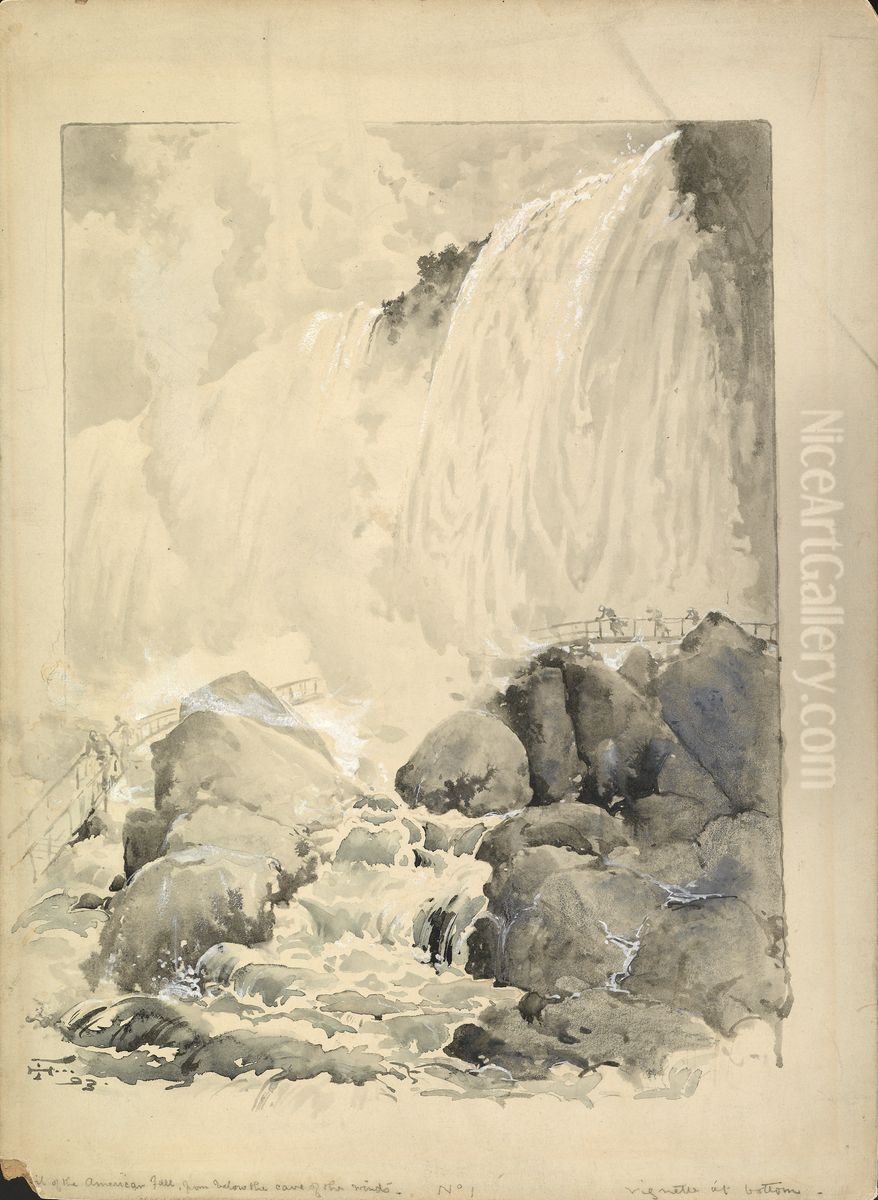 View of the American Falls, from below the Cave of the Winds Oil Painting by Harry Fenn