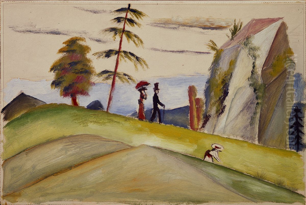 Strollers in a Rocky Landscape Oil Painting by August Macke