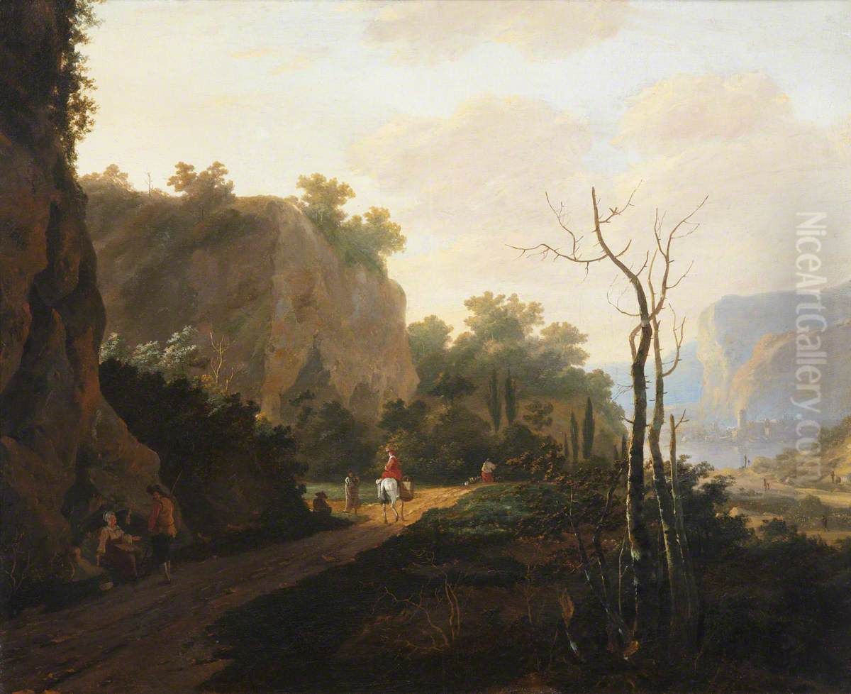 A Rocky Landscape with Figures, Sunset Oil Painting by Andries Both
