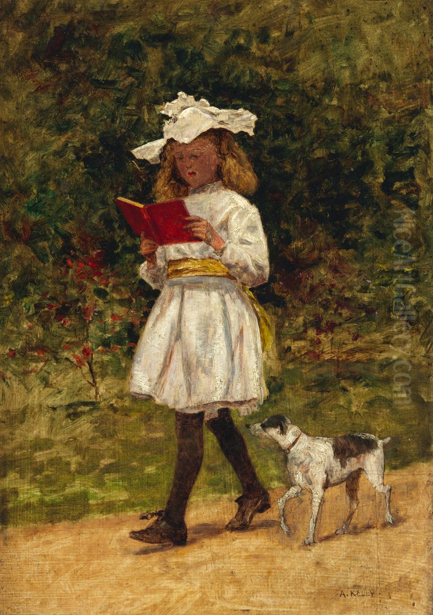 A Young Girl Reading Oil Painting by Aloysius O'Kelly