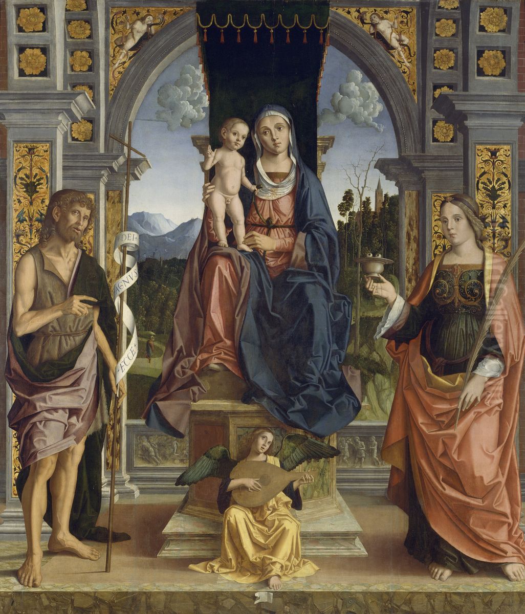 The Virgin and Child Enthroned, with Saints John the Baptist and Lucy Oil Painting by Marco Palmezzano