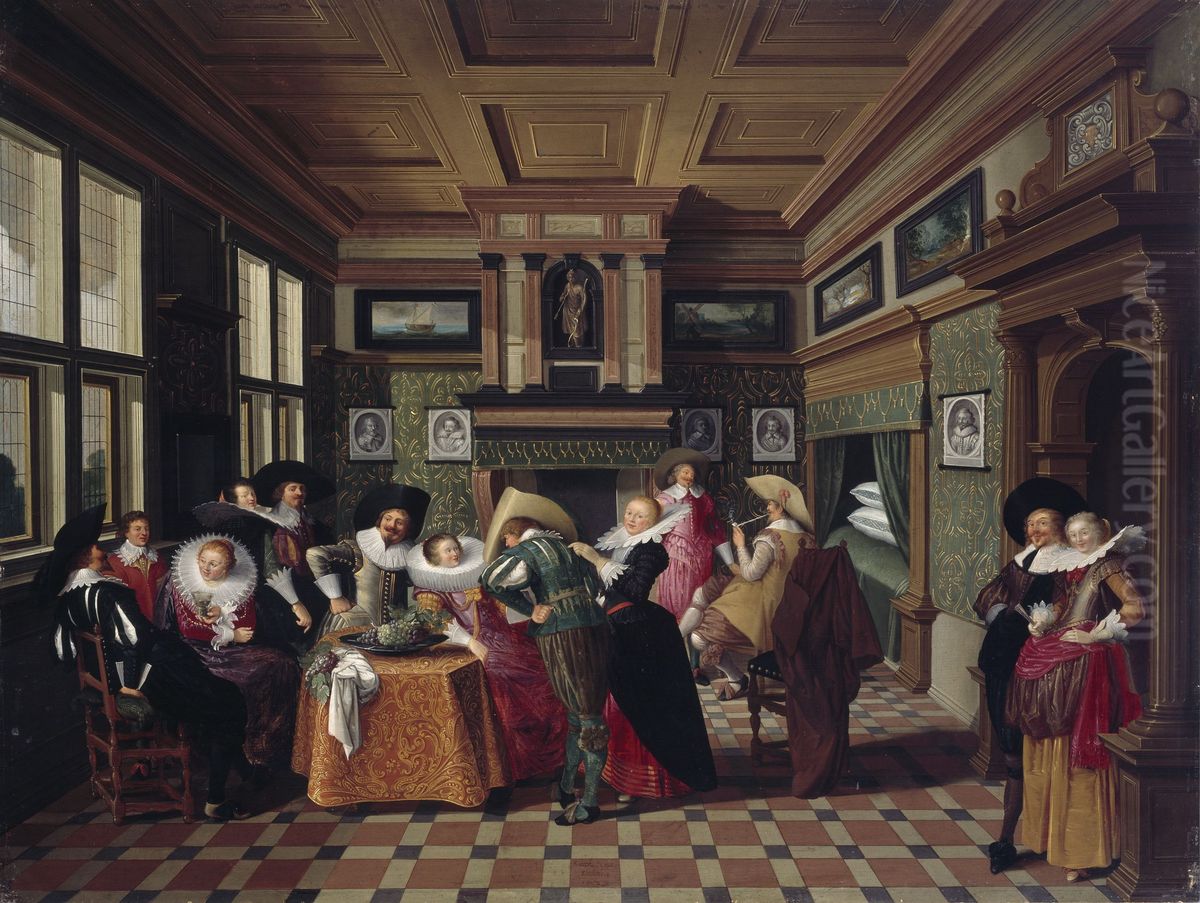 An Interior with Ladies and Cavaliers Oil Painting by Dirck Van Delen