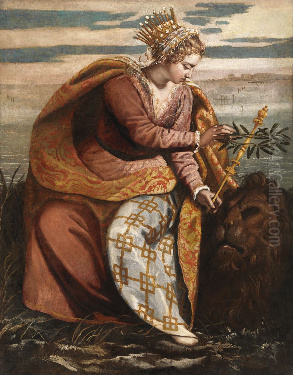 Venice, Queen of the Adriatic, Crowning the Lion of Saint Mark Oil Painting by Domenico Tintoretto