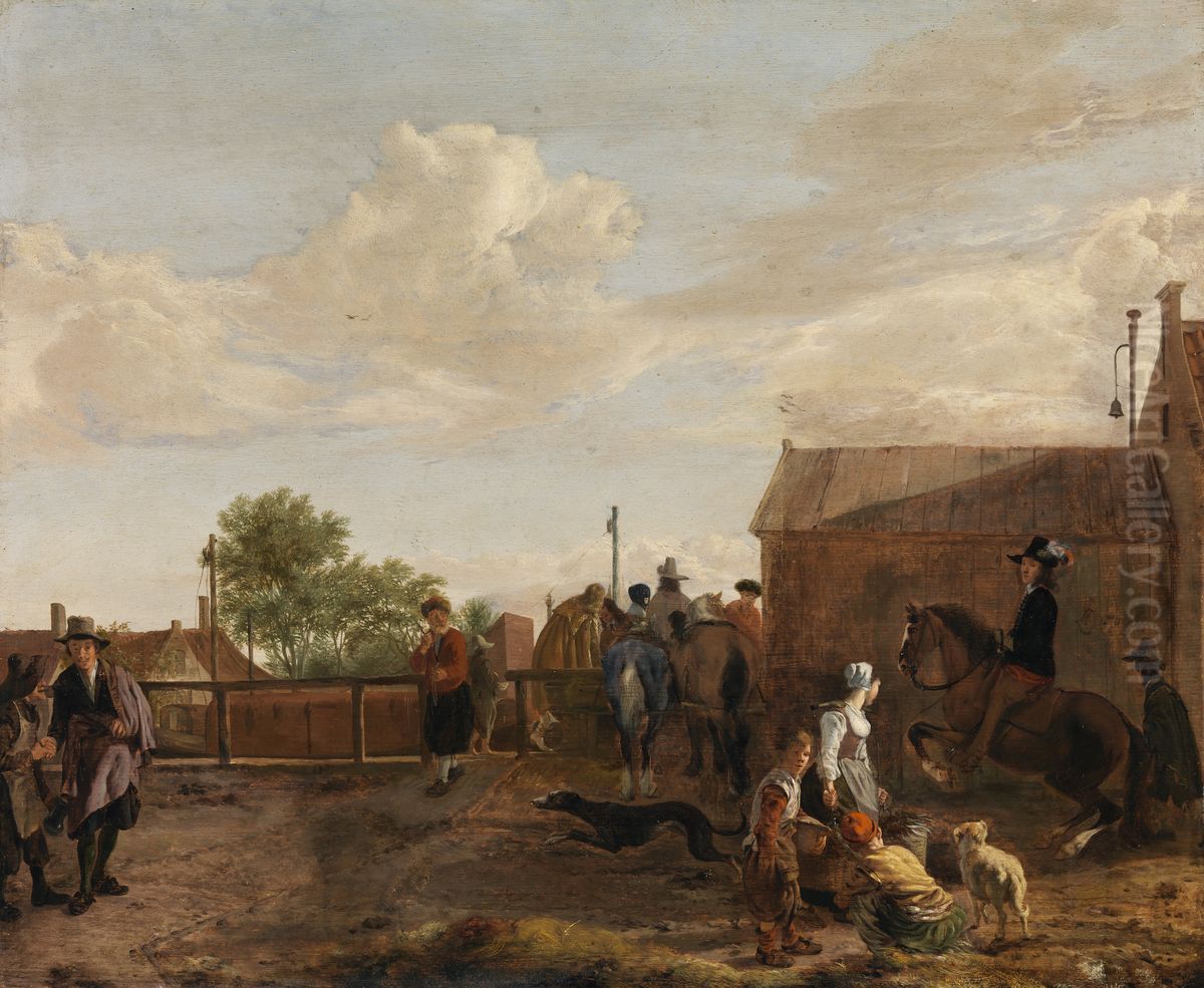 A Canal Boat Station Oil Painting by Ludolf de Jongh