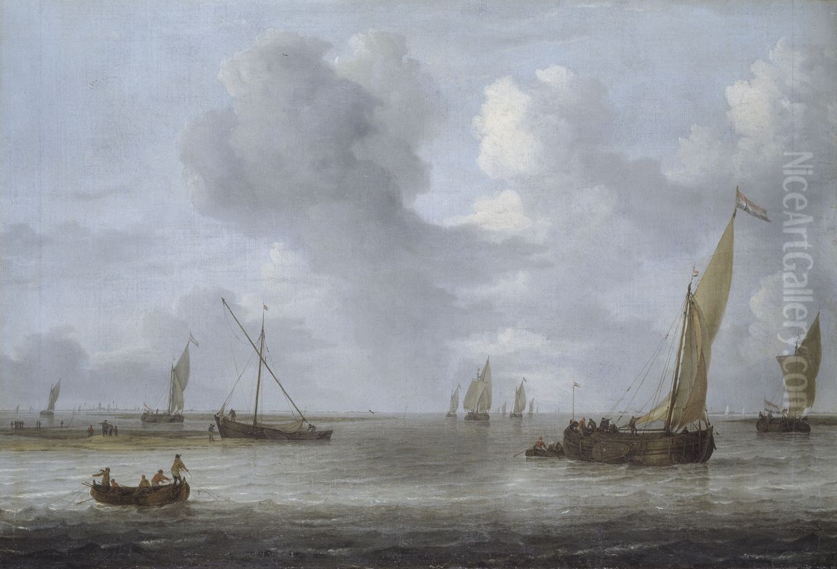 A River Scene with Shipping Oil Painting by Arnoldus van Anthonissen