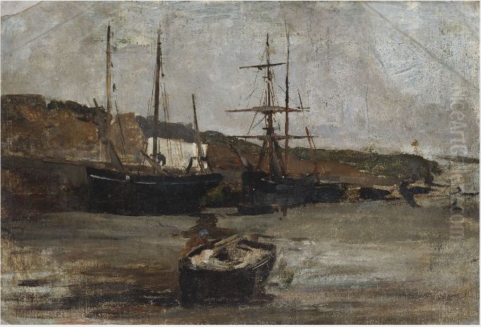 Ships at a Quayside Oil Painting by Nathaniel Hone the Younger