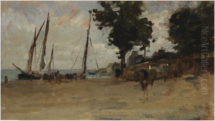 A Shore Scene, Furled Sails Oil Painting by Nathaniel Hone the Younger