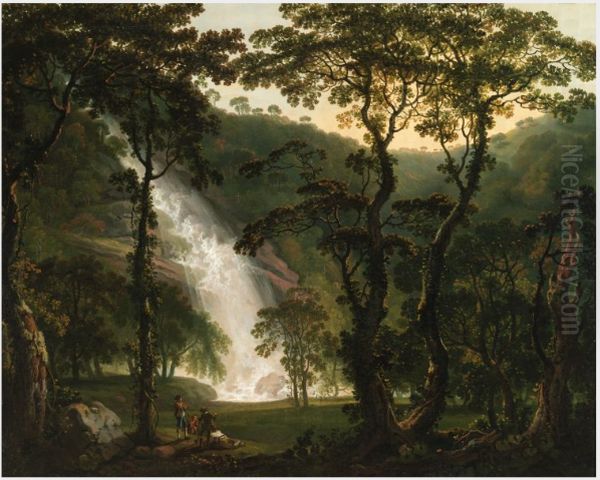 View of Powerscourt Waterfall Oil Painting by George Barret, Sr.