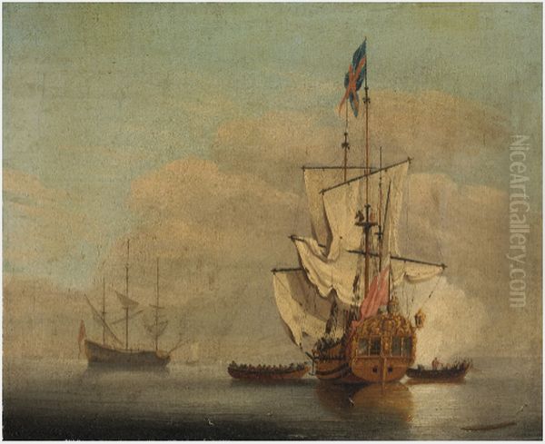 an English Sixth-rate Ship Firing a Salute Oil Painting by Willem van de Velde the Younger