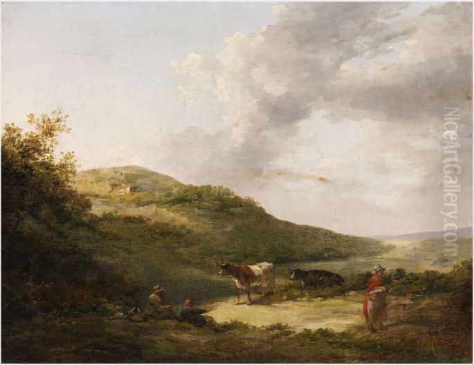 A Landscape with Figures and Cattle Oil Painting by George Morland