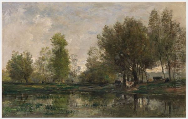 Cattle on a Riverbank Oil Painting by Charles-Francois Daubigny