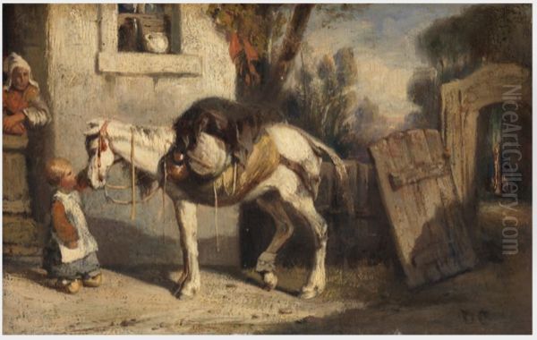 A Horse with Child Holding Reins Oil Painting by Alexandre-Gabriel Decamps