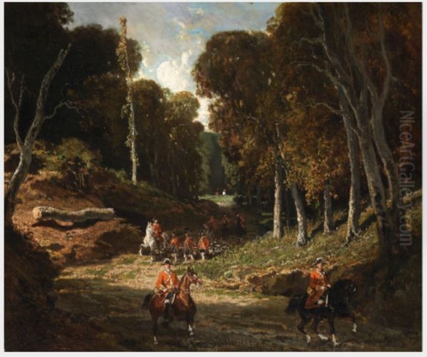 A Rider in Red Coats in a Forest Oil Painting by Alfred De Dreux