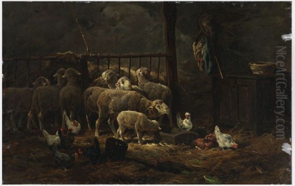 Sheep and Chickens in a Barn Oil Painting by Charles Jacque