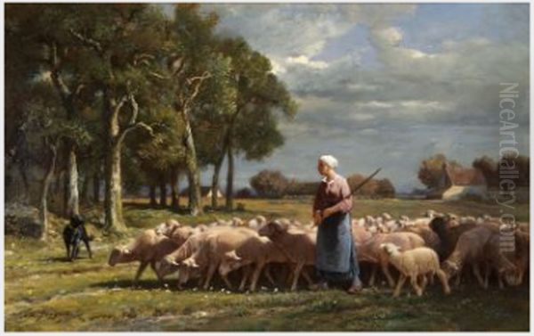 A Shepherdess near a Wood, Barbizon Oil Painting by Charles Jacque