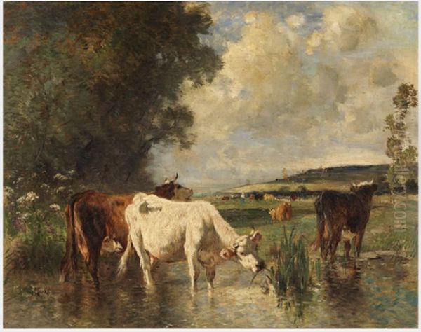 Cows in a Marsh Oil Painting by Emile Van Marcke De Lumman