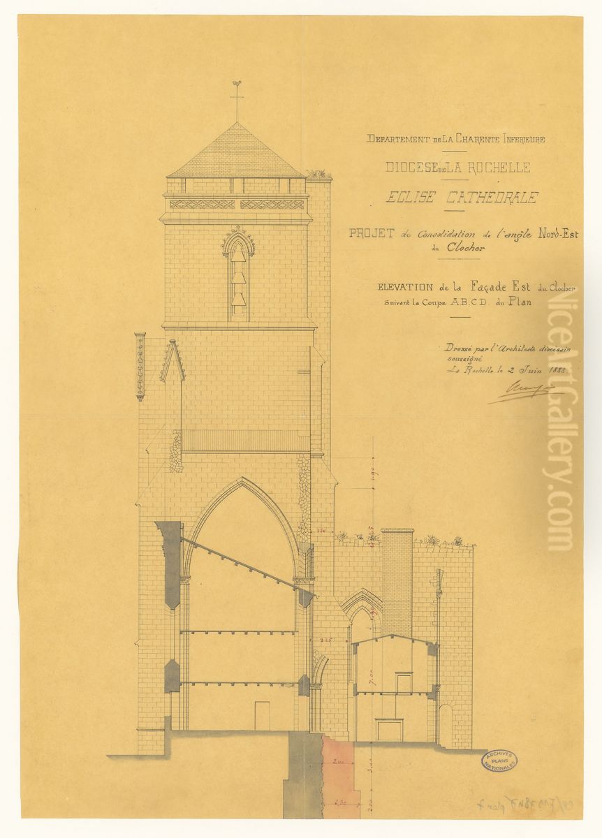 Elevation de la facade du clocher de la cathedrale de La Rochelle (1888) Oil Painting by Ernest Massiou