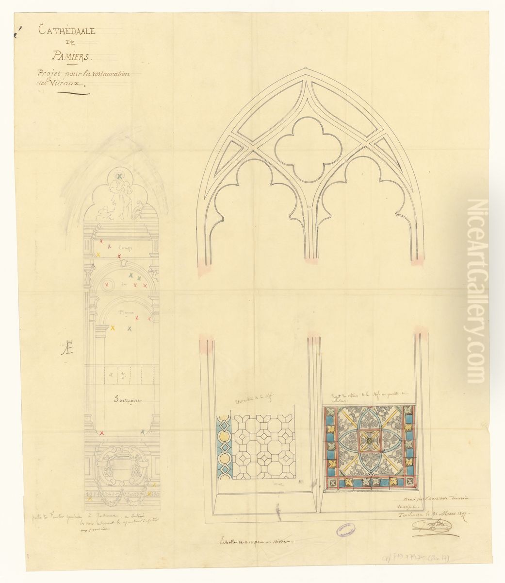Projet pour la restauration des vitraux de la cathedrale de Pamiers (1897) Oil Painting by Justin Fitte