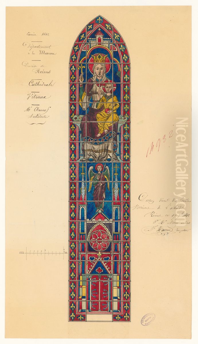 Verriere de l'abside de la cathedrale de Reims (1842) Oil Painting by Jean-Jacques Arveuf-Fransquin